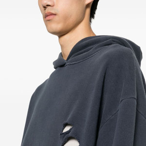 Sweat-shirt à capuche oversize pour homme, bleu marine, avec découpe, en molleton français délavé, manches classiques, couleur unie, style streetwear - Product Image 5