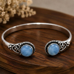 JewelryTownIN JT-009 Brazalete abierto de doble piedra de calcedonia azul Azure Glow, latón chapado en plata, joyería artesanal clásica, regalo - Product Image 5