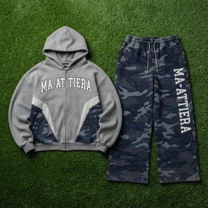 Conjunto de Sudadera con Capucha y Pantalones Deportivos de Camuflaje Gris Azulado para Hombre, Corte Holgado, Estilo Urbano, Personalizable OEM ODM, Venta al Por Mayor - Product Image 5