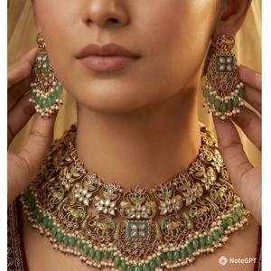 Ensemble de collier choker indien pour mariée, design unique, avec perles Kundan émeraude et gouttes de perles, disponible au meilleur prix du marché. - Product Image 1