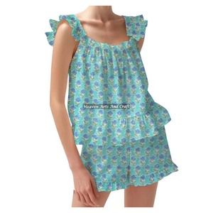 Indian Hand Block Print Night Suit Custom Wholesale Spring/Summer Floral Fitted Strappy Ruffle <b>Trim</b> Sleeves PJ Set - Product Image 5
