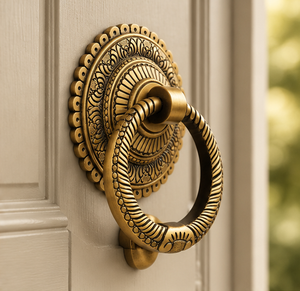 Sonnette de porte Regal Medallion en bronze doré avec plaque arrière gravée de motifs complexes et poignée en corde torsadée pour un style classique - Product Image 2