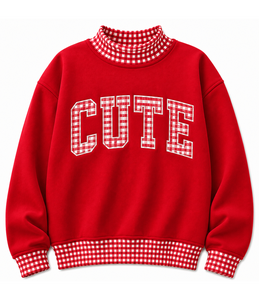 Pull-over décontracté à col roulé pour femme, personnalisé, en coton, coupe oversize, à épaules tombantes, avec patchwork à carreaux vichy et pois, vente en gros - Product Image 6