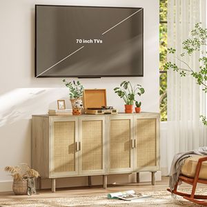 Credenza Artigianale Bohemien da 158 cm con 4 Ante in Rattan e Ripiani per Soggiorno o Corridoio in Stile Rustico, Legno Naturale - Product Image 5