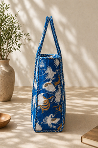 Blue <b>Tote</b> Bag with White Crane Pattern Bohemian Style Beach Bag <b>Zip</b> Closure All Seasons Use Quilted <b>Tote</b> Bag Jaipuri Pattern - Product Image 3