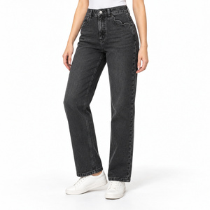 Jean en denim taille haute pour femme, coupe droite, avec poches avant festonnées - Noir délavé, respirant et lavable, Taille XL - Product Image 3