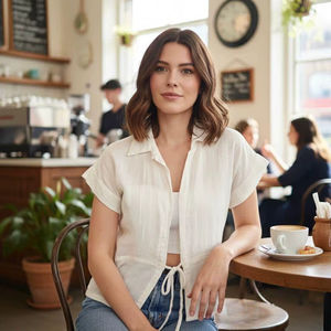 Camisa de Manga Corta con Cuello de Lazo en Mezcla de Lino, Tejido Transpirable de Alta Calidad, Prenda Versátil para Cualquier Guardarropa Contemporáneo - Product Image 1