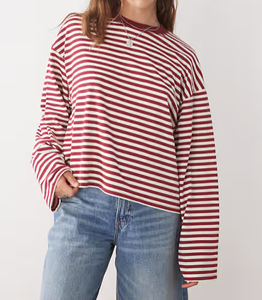 T-shirt en tricot décontracté pour femme, à manches courtes, col rond, coupe ample, rayures vertes et blanches, avec poches, écologique, pour l'été - Product Image 4