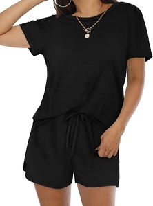 Conjunto de ropa de dos piezas para mujer, ropa de salón informal transpirable, 2022 algodón, camiseta de media manga y pantalones cortos, 100% - Product Image 2