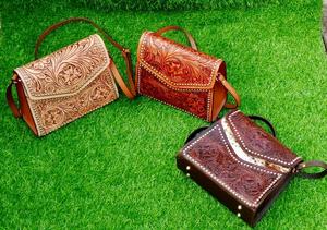 Boho <b>Women's</b> Luxury Hand <b>Bag</b> with Zip Closure Tooled Floral Design Vintage Sling <b>Bag</b> Cowhide Leather Ready to Stock - Product Image 6