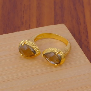 Smoky Quartz Texture Double Stone Open <b>Adjustable</b> <b>Ring</b> Handmade Gold Plated Finish Statement <b>Ring</b> Wholesale Jewelry Manufacturer - Product Image 1
