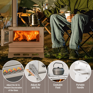 Stufa a Legna Portatile Pieghevole con Vetro Trasparente per Campeggio Esterno, con Canna Fumaria e Borsa per il Trasporto di H - Product Image 3
