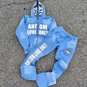Custom Winter Men's Heavyweight 100% Cotton Hooded Solid Sweat Jogger Stacked Pants <b>Set</b> 2 Pc Distressed <b>Embroidery</b> Flared - Product Image 1