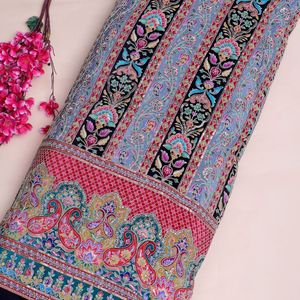 ผ้าพิมพ์ลายดอกไม้สีดำพร้อมลายเส้นและขอบตกแต่ง สำหรับตัดเย็บชุดคุर्ติ ผ้าสำหรับชุดพื้นเมือง - Product Image 3