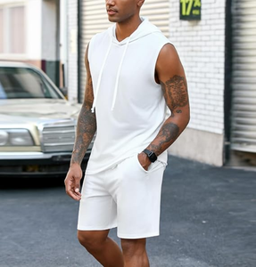 Service OEM – Ensemble de sport tricoté pour homme à manches courtes, mode été, 2 pièces, avec débardeur à capuche, 100 % coton - Product Image 6