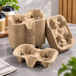 Plateau porte-gobelets en papier kraft EcoRev à double paroi jetable pour boissons chaudes, emballage à emporter pour café - Product Image 5