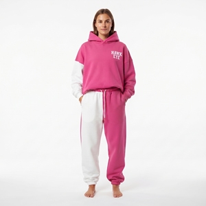 Ensemble sweat à capuche et jogging color block pour femme, rose et blanc, en molleton de coton, coupe décontractée, manches longues, deux pièces - Product Image 4