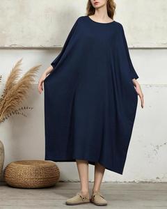 Premium Navy Blue O-NeckPlain Maxi <b>Dress</b> With 3/4 Sleeves <b>Loose</b> Boho Style 100% Linen Summer Casual <b>Dress</b> For Women - Product Image 3