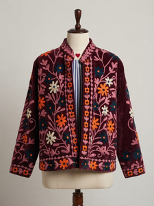 OEM Custom <b>Women</b> Floral Embroidered Maroon <b>Velvet</b> Jacket Boho Short Open Front <b>Coat</b> Vintage Winter Ethnic Outerwear Wholesale - Product Image 3