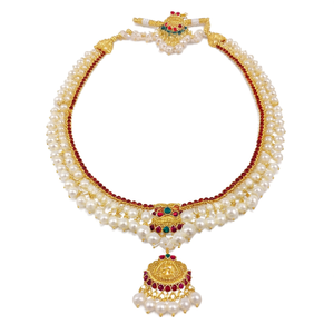 Golden <b>Pearl</b> Embedded Temple Traditional Fine Jewelry <b>Necklace</b> <b>Set</b> - Product Image 2