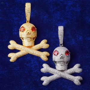 Pendentif Hip Hop Tête de Mort et Os Croisés en Argent 925, Micro-Pavé Moissanite, Yeux Rouges, Breloques Thème Homme, Pendentif Visage Horreur, Chaîne Tennis - Product Image 1