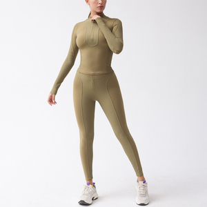 Olive <b>Green</b> Half Zip Long Sleeve Top Front Zipper High Waist <b>Leggings</b> Set <b>Women</b> Ribbed Athleisure Activewear Gym Training 2026 - Product Image 3