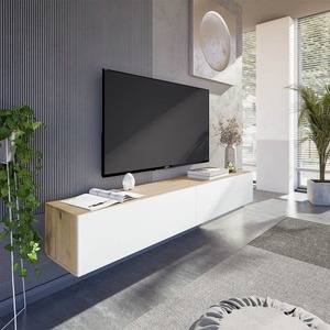 <span class=keywords><strong>Meuble</strong></span> <span class=keywords><strong>TV</strong></span> mural minimaliste moderne en bois avec 2 rabats et 2 compartiments de rangement pour salon - Product Image 3
