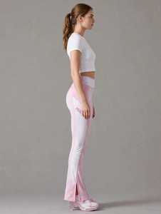 Leggings de yoga évasés taille haute pour femme, color block rose et blanc, avec coutures contrastées et bande latérale - Product Image 2