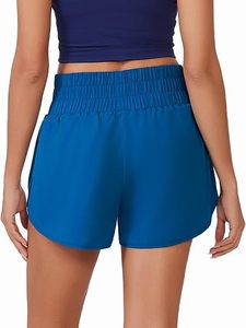 Shorts Deportivos Azules de Cintura Alta para Mujer, con Bolsillos, de Secado Rápido, Tejido Elástico de Spandex y Poliéster, Corte Holgado, Color Sólido, Estilo Moto Biker - Product Image 2