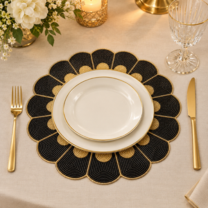<b>Black</b> and Gold Glass Beaded Round <b>Placemat</b> | Modern Durable Heat Resistant Handmade Dining Table Decor for Parties - Product Image 3