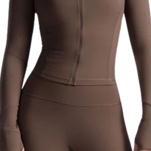 <b>Brown</b> Women's Fitted Athletic Jacket Cropped Length Full Zip <b>Long</b> <b>Sleeve</b> High Neck Stretch Workout Sportswear <b>Top</b> - Product Image 6