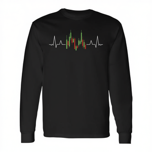 T-shirt a maniche lunghe con design a barre candlestick e grafico dei battimenti cardiaco, stampa digitale, girocollo, unisex, per adulti - Product Image 2