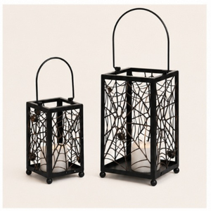 Set of 2 Decorative Black Metal Halloween <b>Lanterns</b> with Intricate Spider Web Punch Detail Powder Coated Iron Candle Holder - Product Image 3