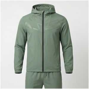 Chándal con Capucha Verde para Hombre, Manga Larga, Cierre Frontal con Cremallera, Patrón Geométrico, Secado Rápido, Deportivo, Corte Regular, Ligero, para Primavera - Product Image 1