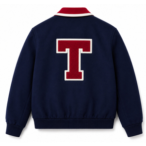 New Arrivals Men's Navy Varsity Jacket Front <b>Red</b> T Applique Embroidered Patch Soft <b>Wool</b> Fit Custom Color Premium Windproof - Product Image 2