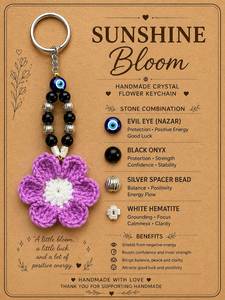 Crochet Flower Crystal Keychain Agate Gemstone <b>Keyring</b> Reiki Evil Eye Protection <b>Charm</b> Handmade Bag Accessory Gift - Product Image 2