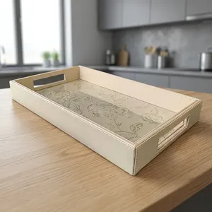 Plateau de service en similicuir avec poignées, plateau décoratif brodé de fleurs pour le thé, le café, le petit-déjeuner, la décoration de table ottoman - Product Image 6