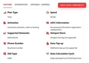 eSIM เนเธอร์แลนด์ ดาต้าไม่จำกัด สำหรับ 3 5 7 10 15 30 วัน แบบเติมเงิน 4G/5G อินเทอร์เน็ตสำหรับการเดินทาง พร้อมการเปิดใช้งาน QR ทันที - Product Image 2