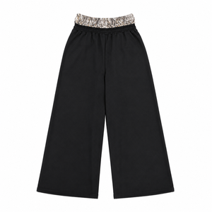 Pantalon large noir pour femme, taille mi-haute, cordon élastique, coupe ample, décontracté, longueur intégrale, tricoté 100% coton, style hiver - Product Image 1