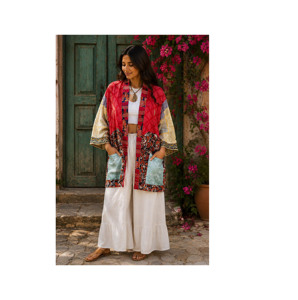 Chaqueta de Seda con Parches Florales, Estilo Bohemio, Kimono, Cuello en V, Cierre con Cordón, Mangas Largas, Suave y Transpirable, para Festivales - Product Image 1