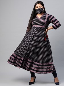Kurta Anarkali Floral Negra de Viscosa y Rayón al por Mayor, Talla Grande para Mujer, Cuello en V, Mangas Tres Cuartos, Cómoda de Usar - Product Image 5
