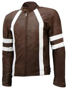 เสื้อแจ็คเก็ตหนังสีน้ำตาลสไตล์คาเฟ่เรเซอร์สำหรับผู้ชาย แจ็คเก็ตขี่มอเตอร์ไซค์แบบคลาสสิก - Product Image 1