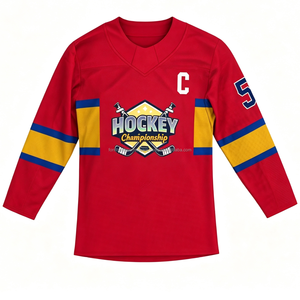 Camiseta de hockey sobre hielo roja personalizada, cuello en V, manga larga, nombre y número personalizados, uniforme de equipo unisex, transpirable, ecológico, 100% - Product Image 5