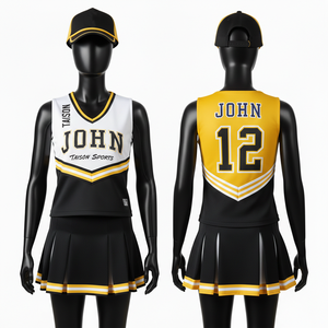 Maillot de cheerleading pour femmes en polyester GSM Interlock jaune, noir et blanc avec logo personnalisé par sublimation - Product Image 5