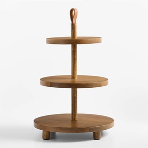 Rustic Three Tier Wooden <b>Cake</b> <b>Stand</b> Featuring Graduated Circular Trays And A Convenient Leather Loop Handle On Top For Serving - Product Image 1