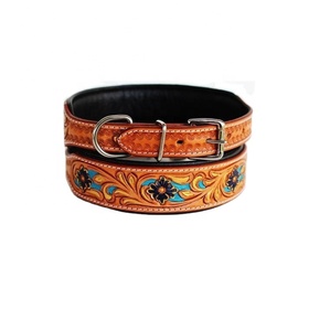 100% American Cow Leather Soft <b>Padded</b> Dog Collar Hand Carved Design Solid for Dog <b>Walking</b>-Bulk Quantity Wholesale Manufacturer - Product Image 1