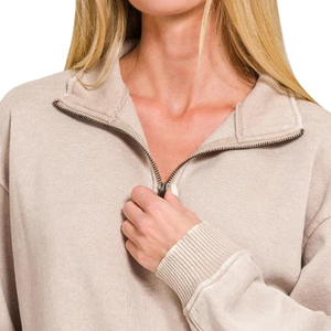<b>Women's</b> Beige <b>Quarter</b> <b>Zip</b> Knit Sweater Stand Collar Oversized Fit Solid Color Long Sleeve Casual Autumn Pullover - Product Image 3