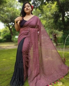 Sari décontracté d'automne en mélange coton-lin rayé pour femme K V INTERNATIONAL avec fonction séchage rapide - Product Image 2