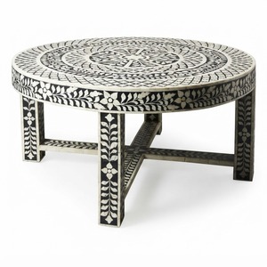 Mesa de Centro Redonda con Incrustaciones de Hueso, Diseño Floral en Blanco y Negro, Artesanía Tradicional India, Mesa Decorativa para Sala de Estar - Product Image 1