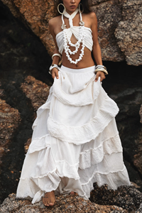 Jupe longue maxi en coton biologique non teint pour femme, jupe longue à volants superposés style bohème, jupe fluide en coton naturel, jupe bohème à prix de gros - Product Image 2